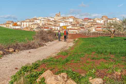 group with backpacks walking on the way of st james towards galicia spain